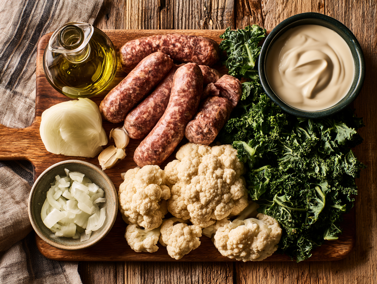 Zuppa Toscana ingredients flat lay