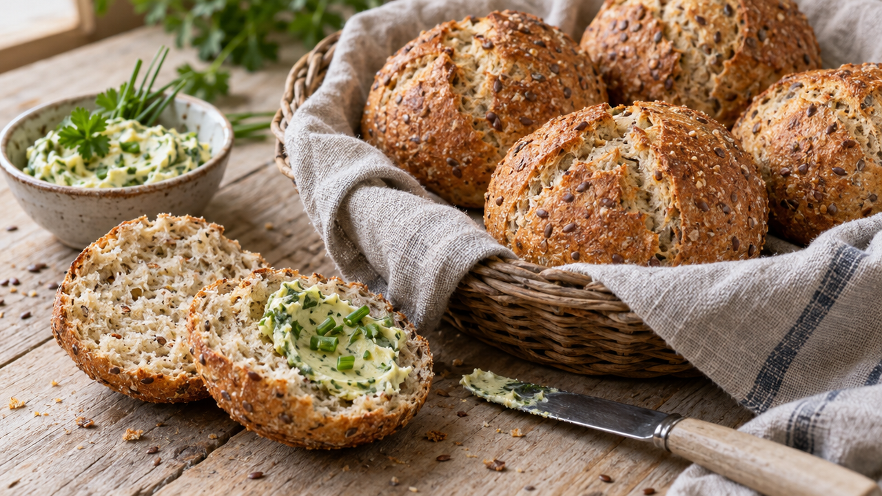 Almond-Flax Brötchen with Herb Butter, plated and ready to serve