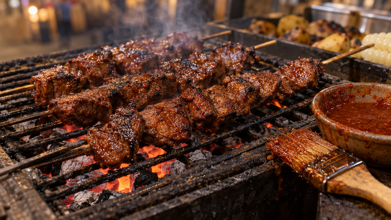 Anticucho beef skewers grilling over charcoal