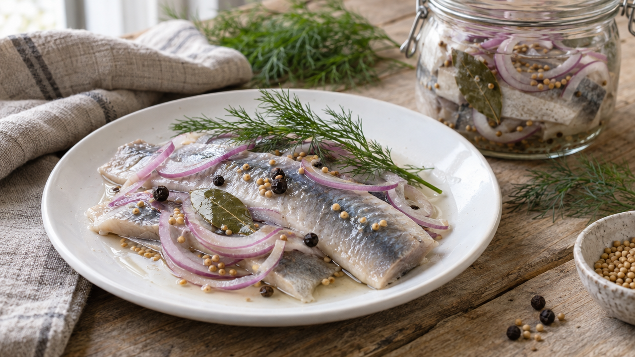 Bismarckhering Marinated Herring, plated and ready to serve