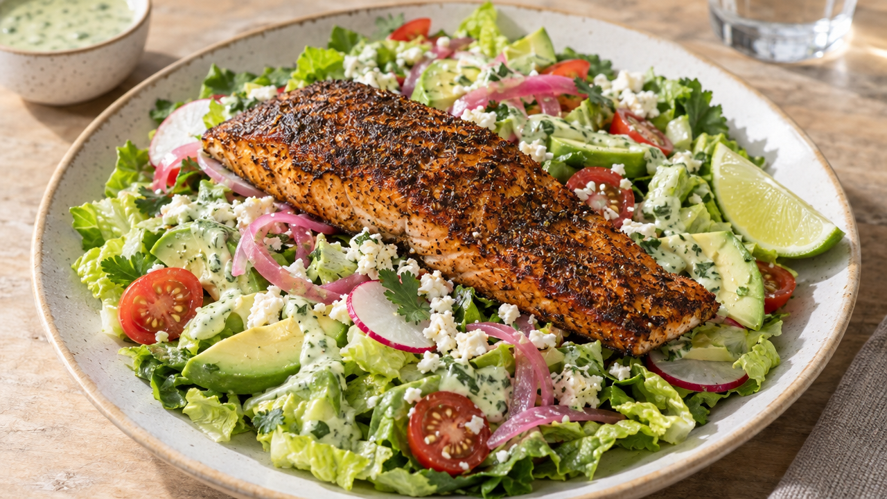 Blackened Salmon & Cotija Salad, plated and ready to serve