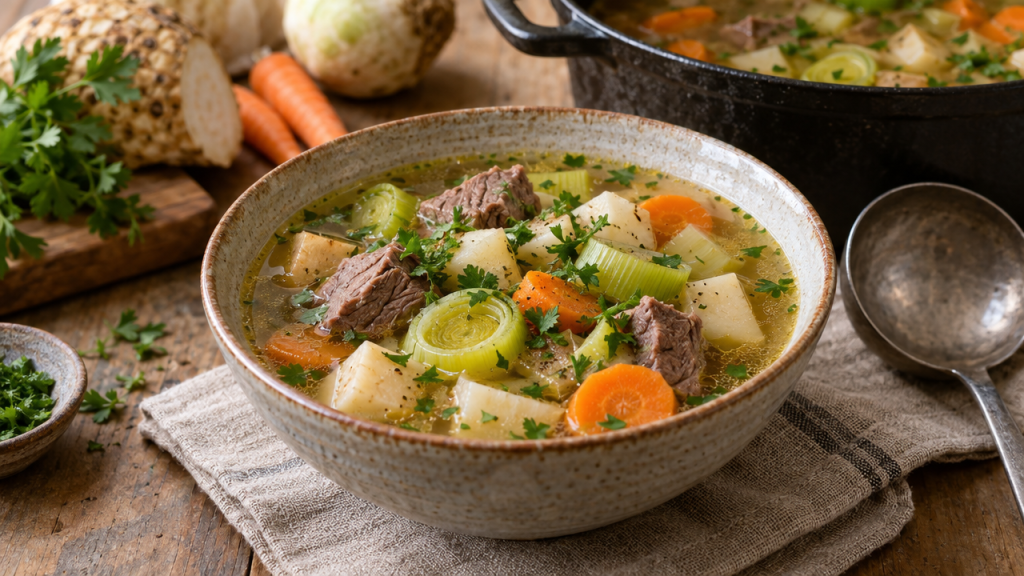 Bone broth Eintopf with root vegetables