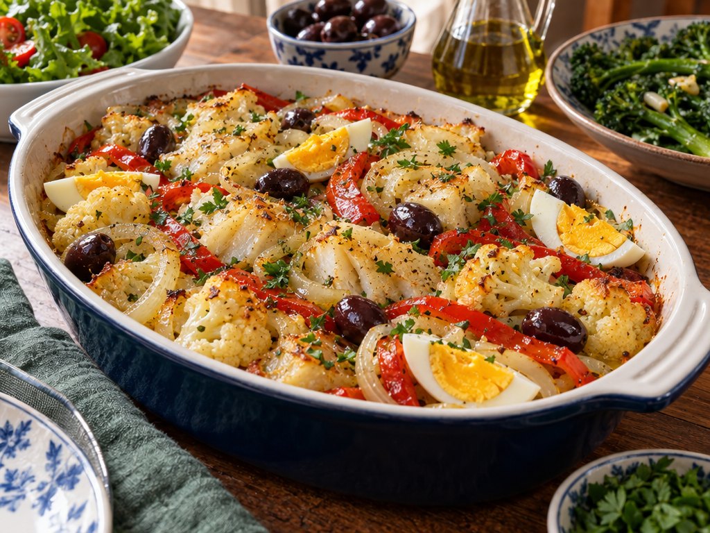 Brazilian Bacalhoada, plated and ready to serve