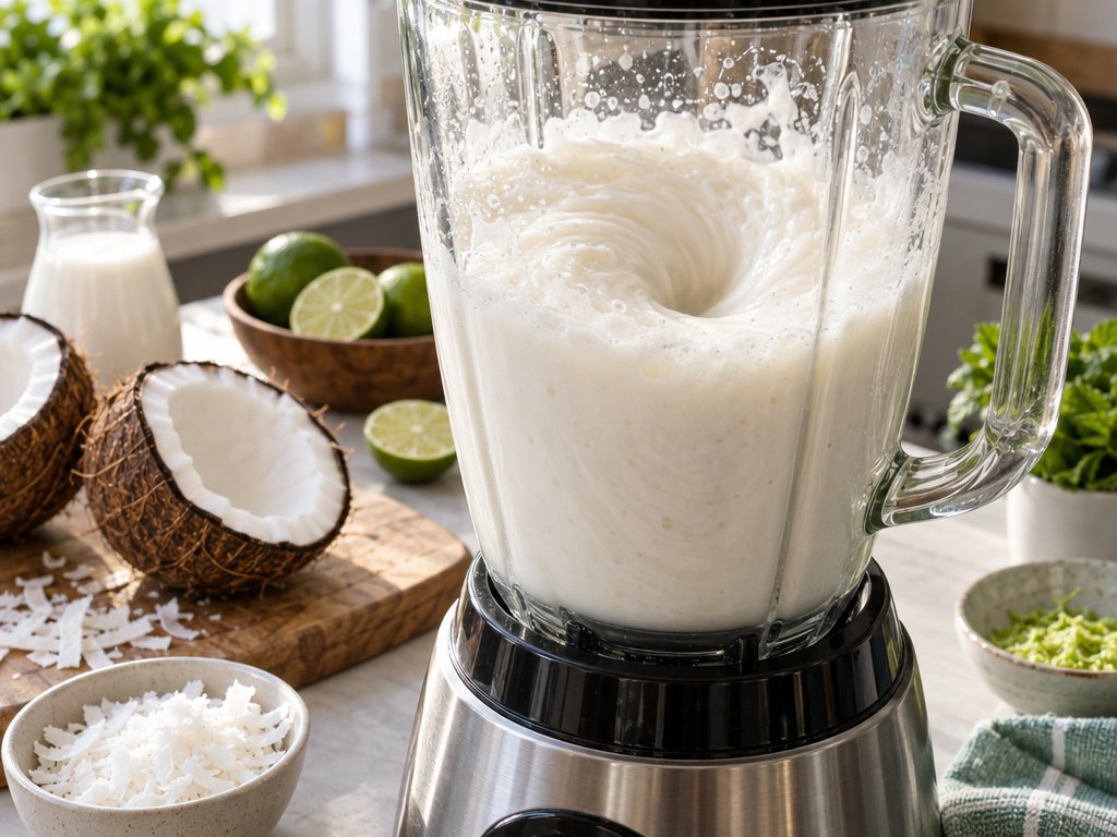 Cooking Brazilian Batida de Coco in the kitchen