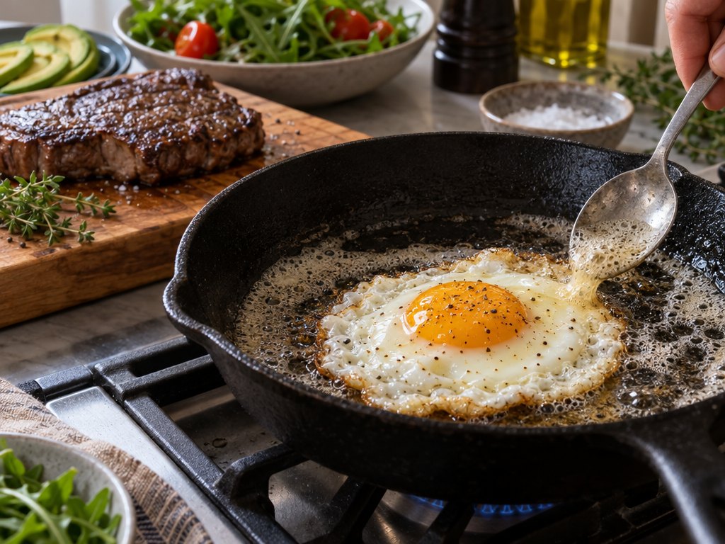 Cooking Brazilian Bife à Cavalo in the kitchen