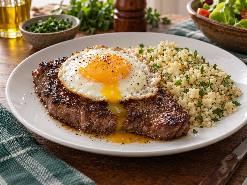 Brazilian Bife à Cavalo, plated and ready to serve