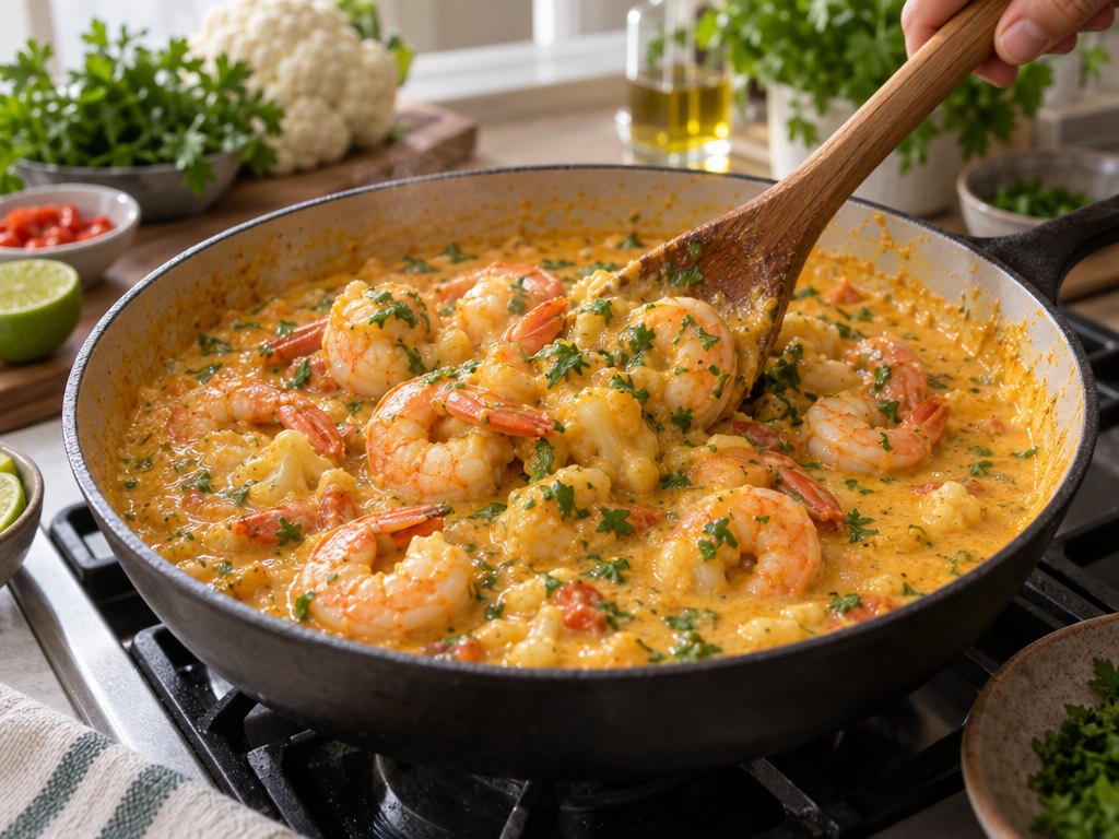 Cooking Brazilian Bobó de Camarão in the kitchen