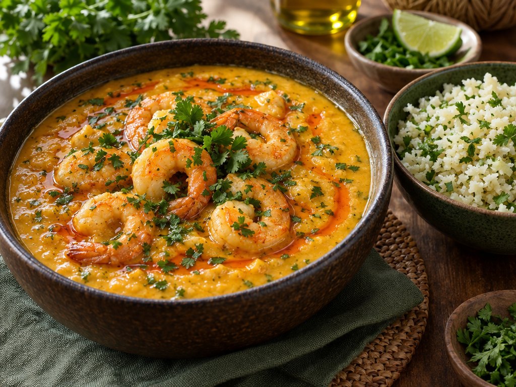 Brazilian Bobó de Camarão, plated and ready to serve