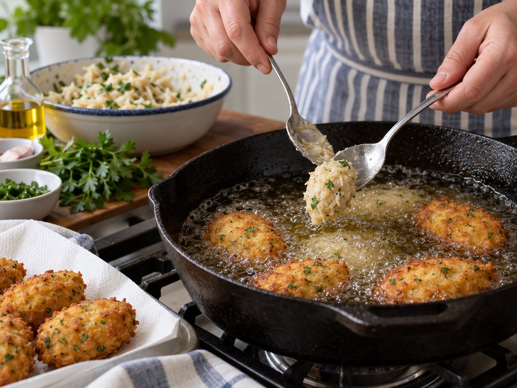 Cooking Brazilian Bolinho de Bacalhau in the kitchen