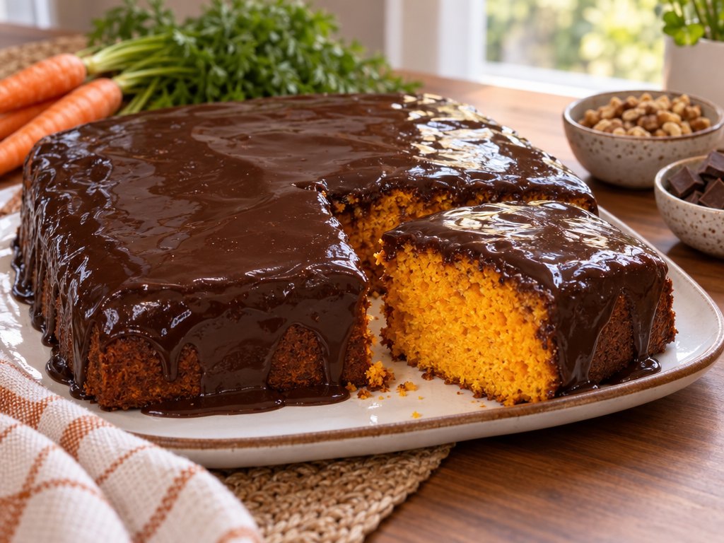 Brazilian Bolo de Cenoura, plated and ready to serve