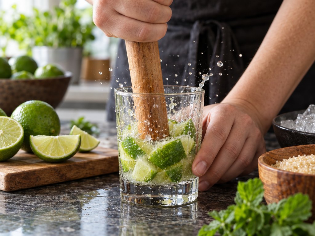 Cooking Brazilian Caipirinha in the kitchen