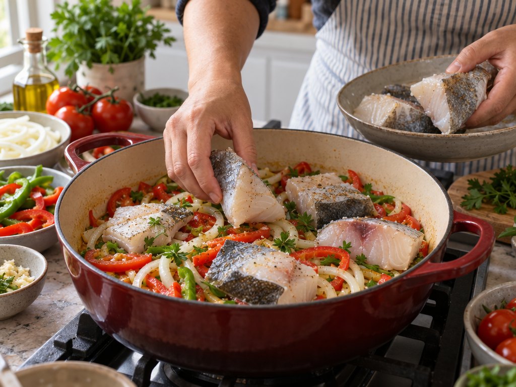 Cooking Brazilian Caldeirada de Peixe in the kitchen