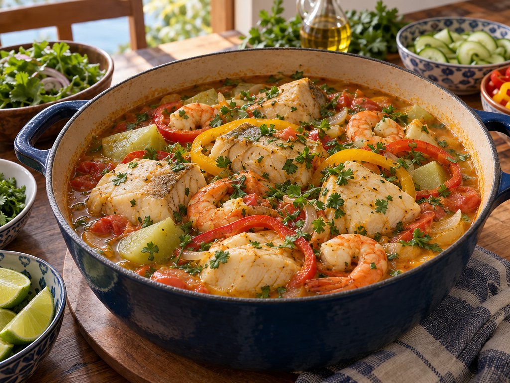 Brazilian Caldeirada de Peixe, plated and ready to serve