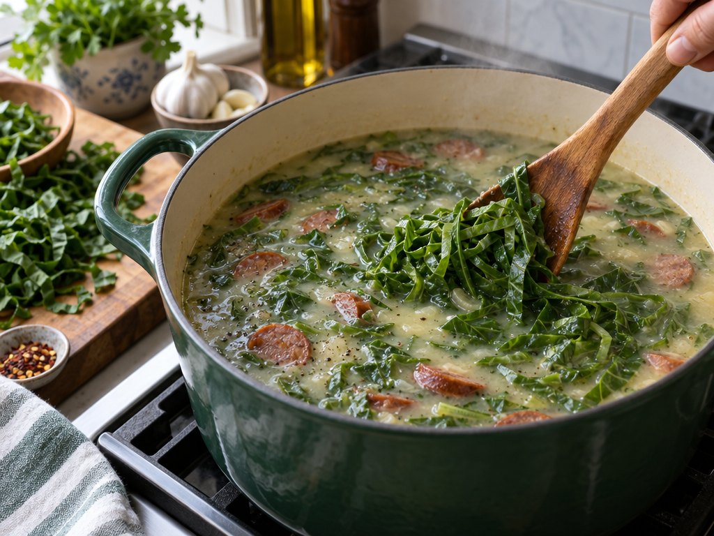 Cooking Brazilian Caldo Verde in the kitchen