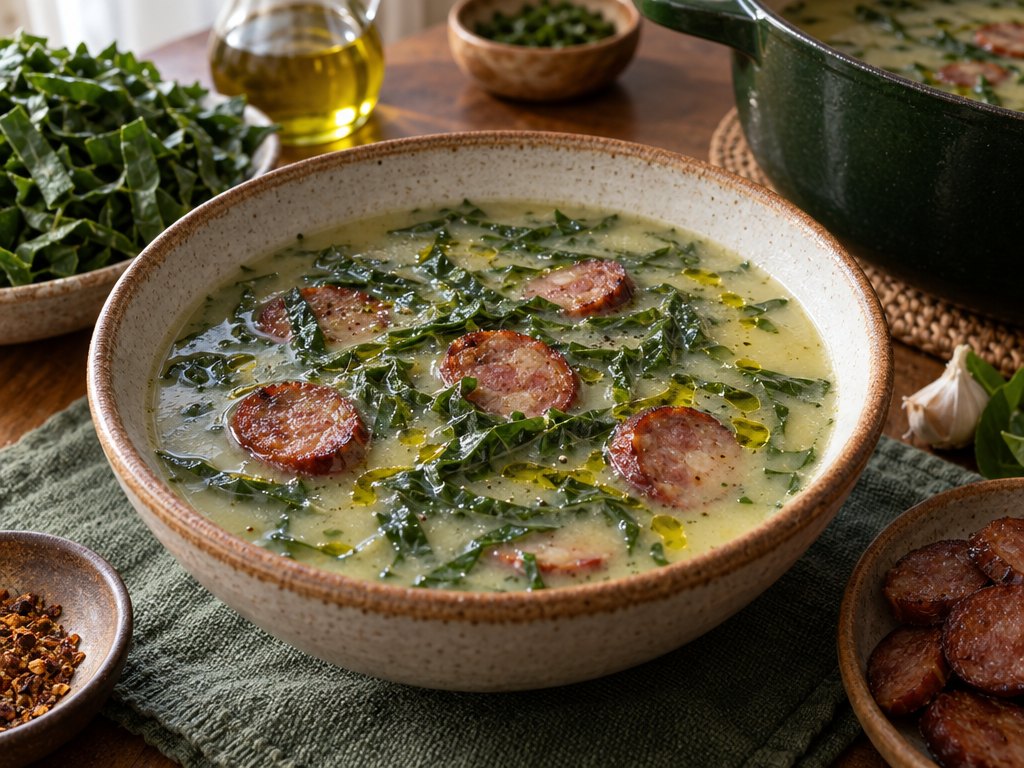 Brazilian Caldo Verde, plated and ready to serve