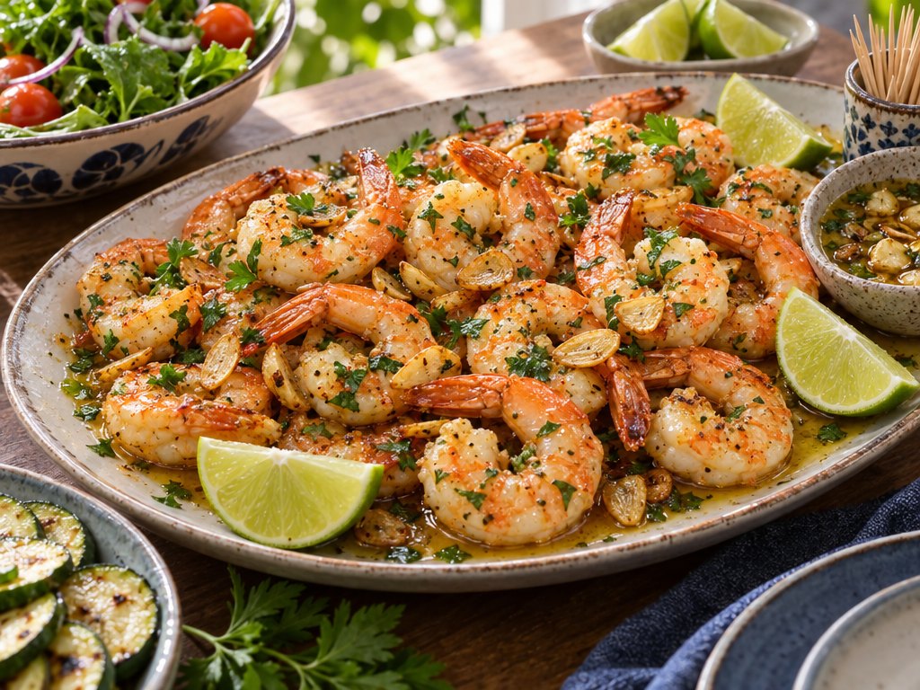 Brazilian Camarão ao Alho e Óleo, plated and ready to serve