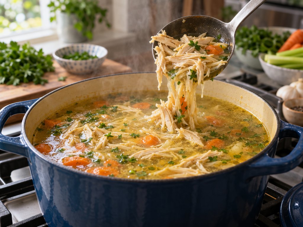 Cooking Brazilian Canja de Galinha in the kitchen