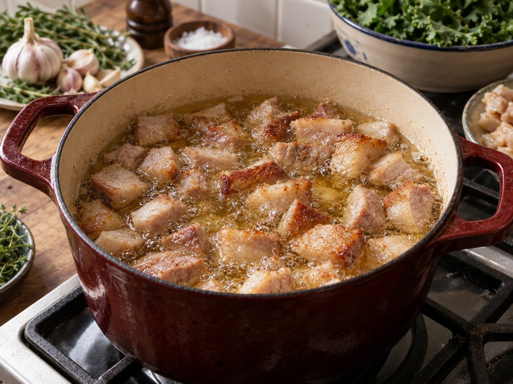 Cooking Brazilian Carne de Porco na Lata in the kitchen