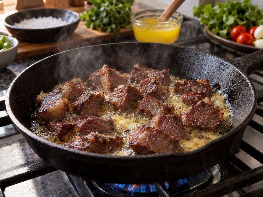 Cooking Brazilian Carne de Sol com Manteiga de Garrafa in the kitchen