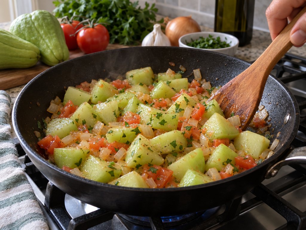 Cooking Brazilian Chuchu Refogado in the kitchen