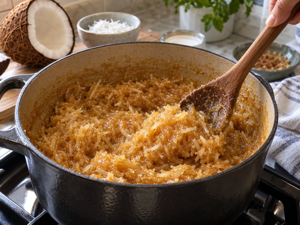 Cooking Brazilian Cocada in the kitchen