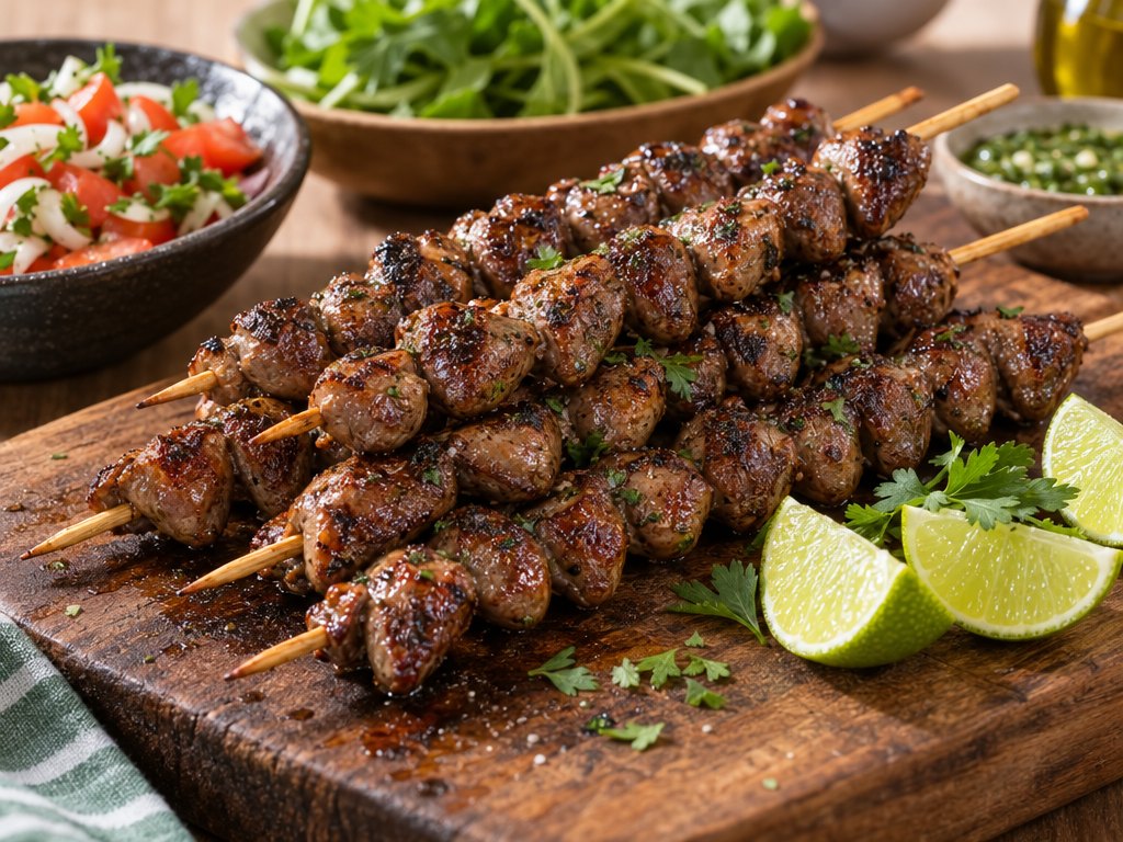 Brazilian Coração de Frango no Espeto, plated and ready to serve