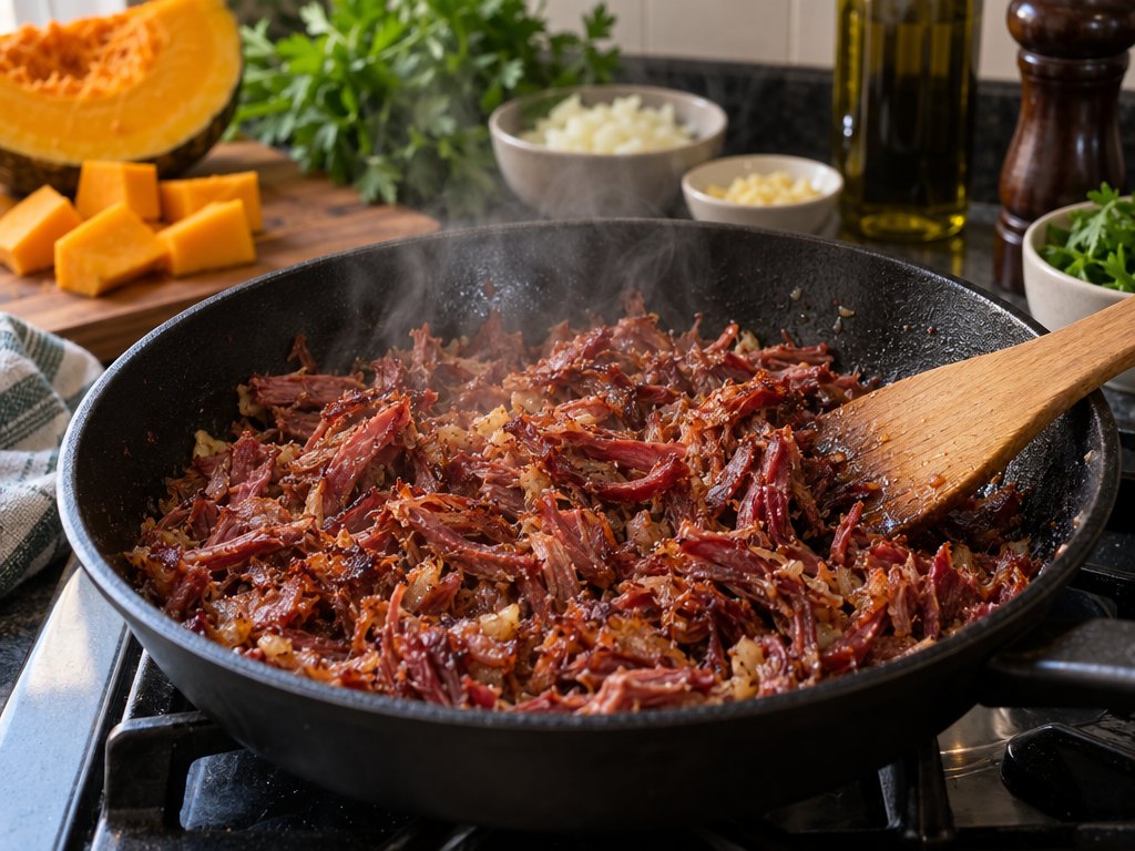 Cooking Brazilian Creme de Abóbora com Carne Seca in the kitchen