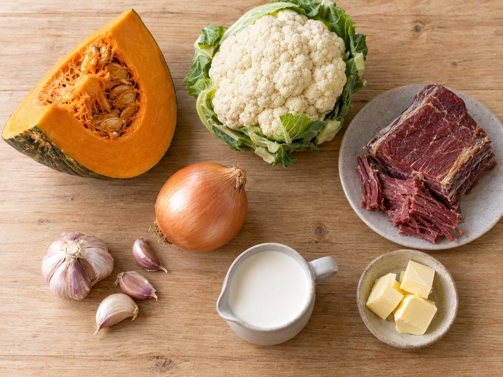 Ingredients for Brazilian Creme de Abóbora com Carne Seca
