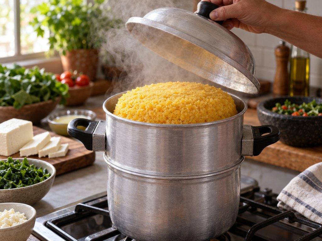 Cooking Brazilian Cuscuz Nordestino in the kitchen