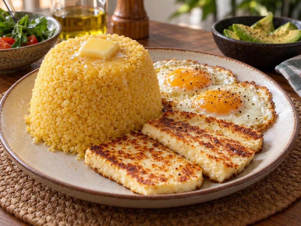 Brazilian Cuscuz Nordestino, plated and ready to serve