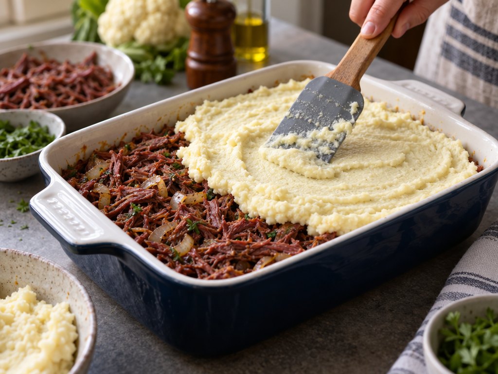 Cooking Brazilian Escondidinho de Carne Seca in the kitchen