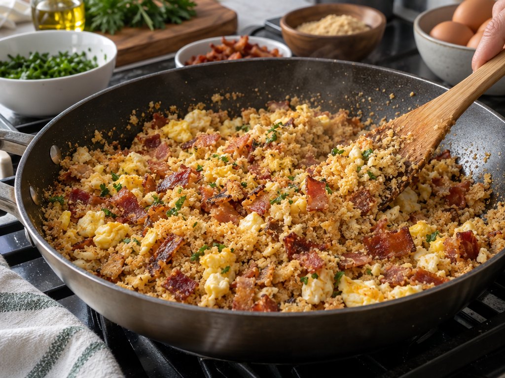 Cooking Brazilian Farofa de Ovo e Bacon in the kitchen