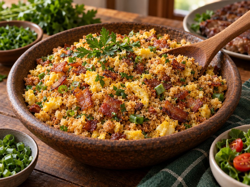Brazilian Farofa de Ovo e Bacon, plated and ready to serve