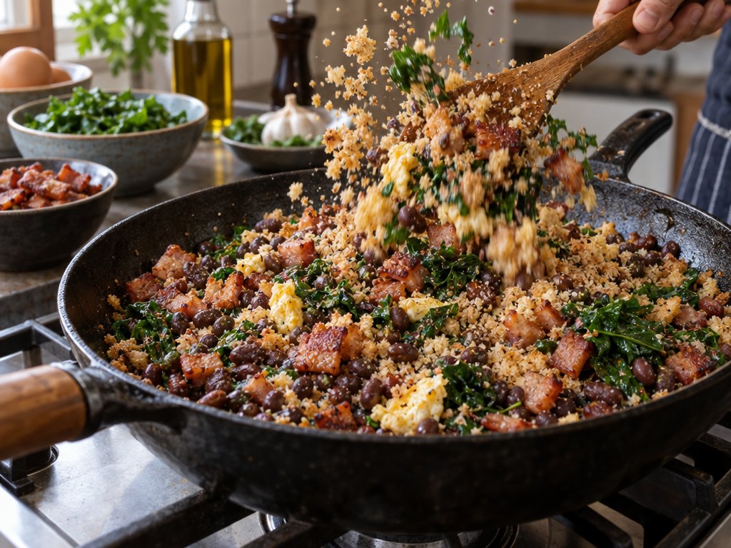 Cooking Brazilian Feijão Tropeiro in the kitchen