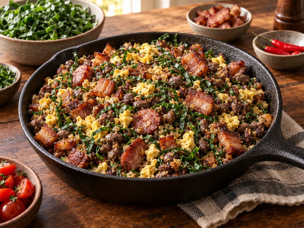 Brazilian Feijão Tropeiro, plated and ready to serve