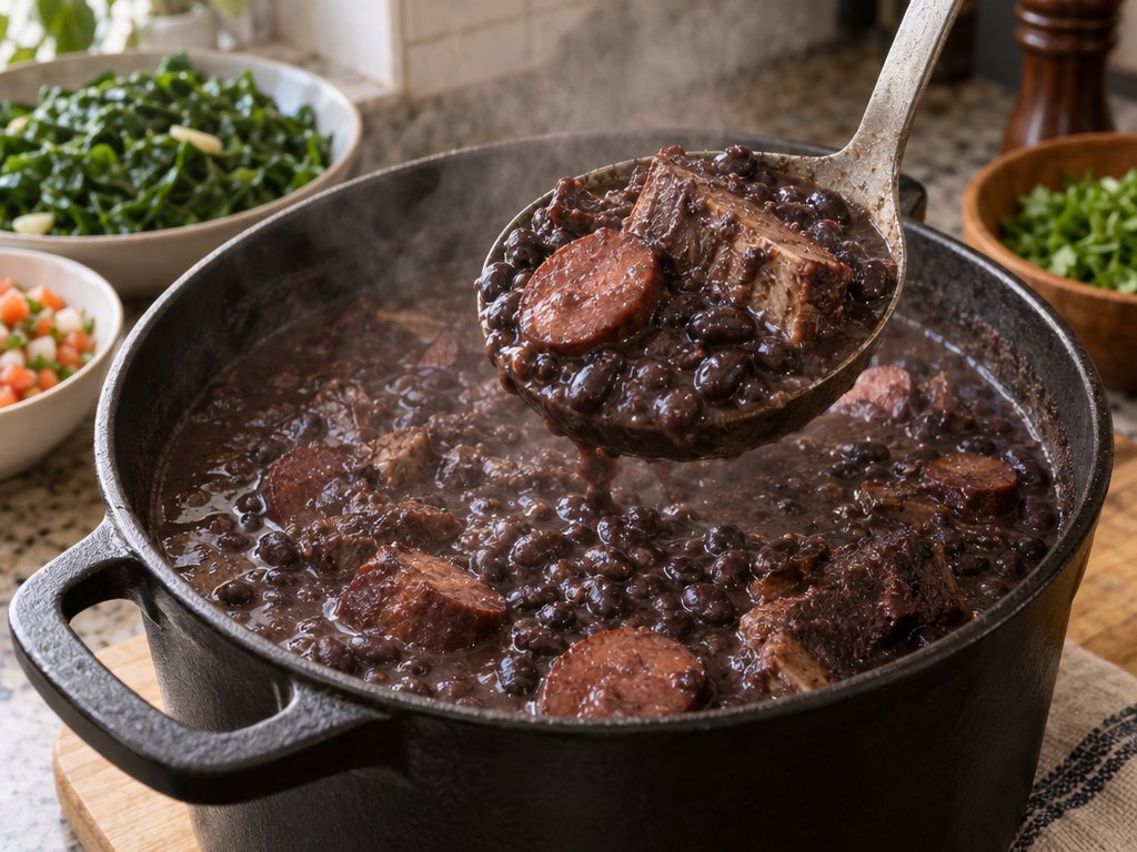 Cooking Brazilian Feijoada in the kitchen