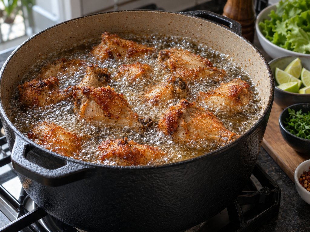 Cooking Brazilian Frango à Passarinho in the kitchen