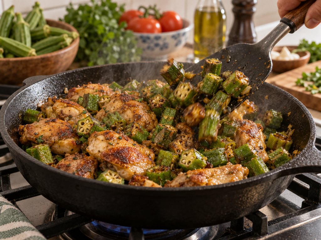 Cooking Brazilian Frango com Quiabo in the kitchen