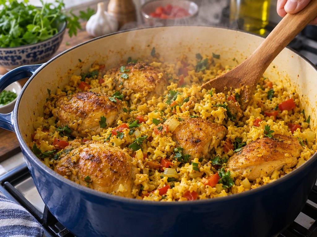 Cooking Brazilian Galinhada in the kitchen