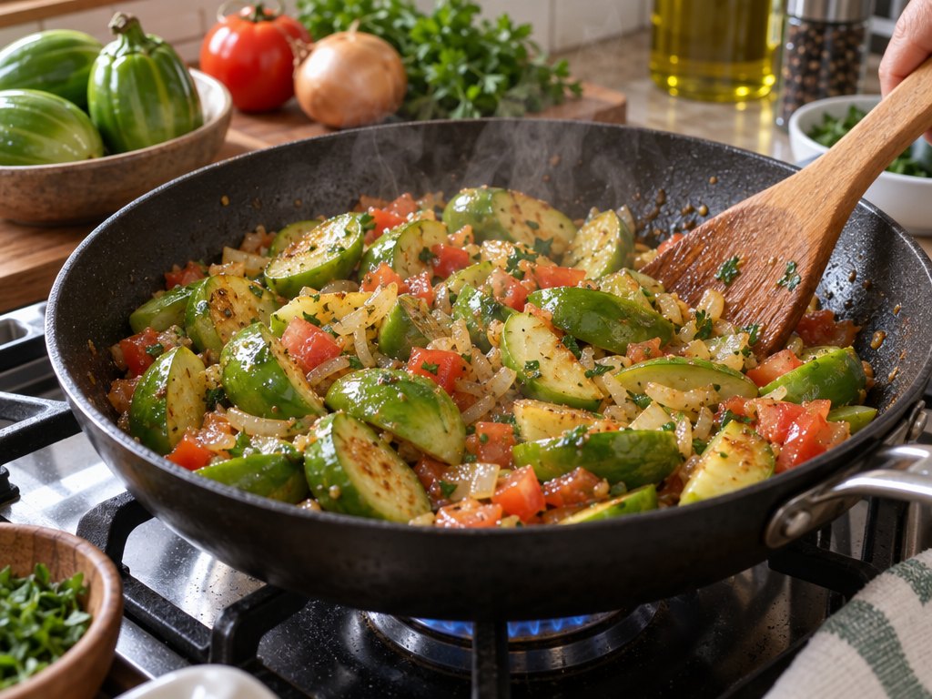 Cooking Brazilian Jiló Refogado in the kitchen