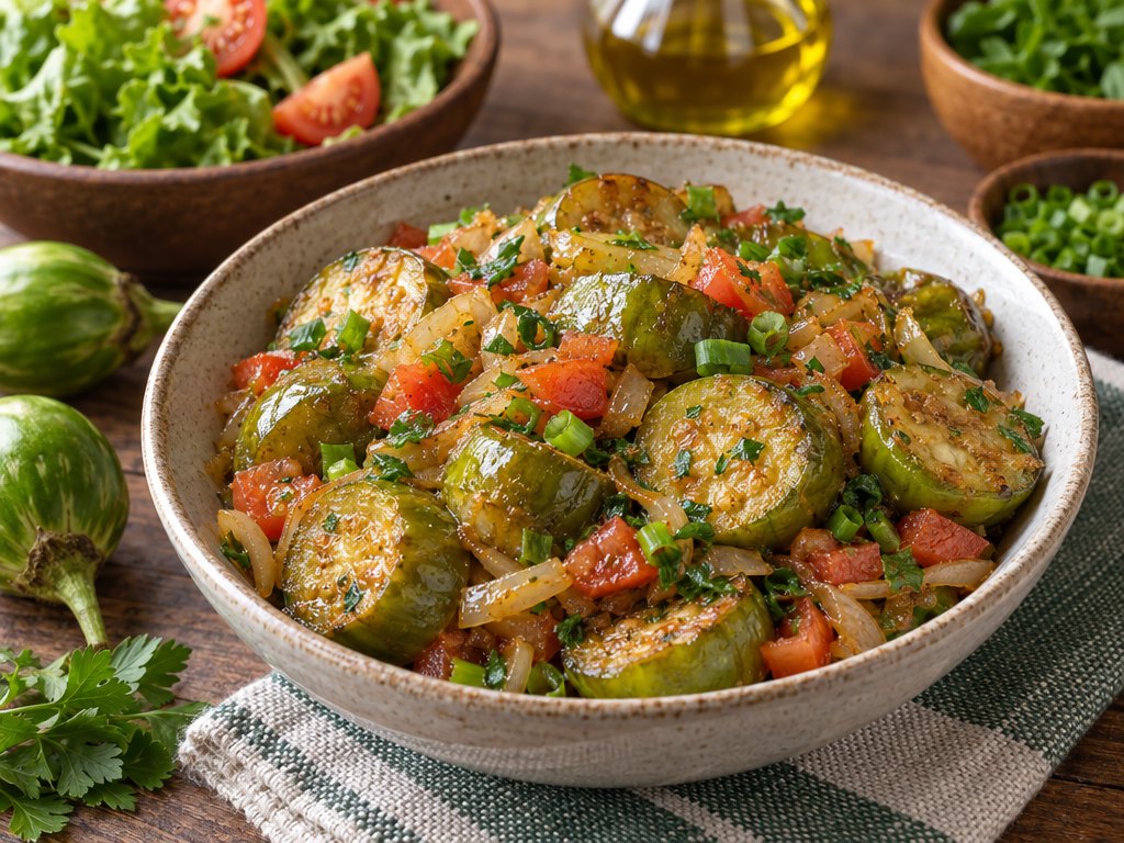 Brazilian Jiló Refogado, plated and ready to serve