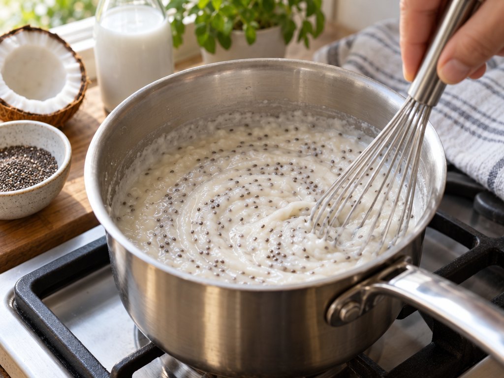 Cooking Brazilian Mingau de Coco in the kitchen
