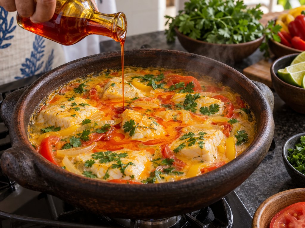 Cooking Brazilian Moqueca Baiana in the kitchen