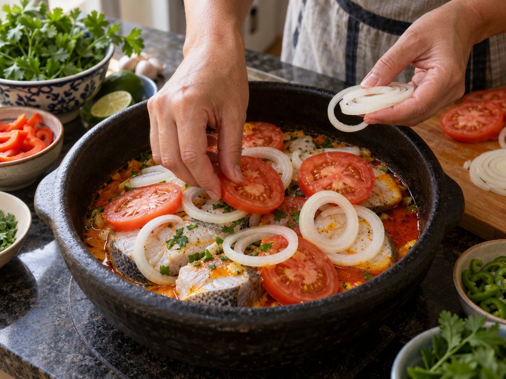 Cooking Brazilian Moqueca Capixaba in the kitchen