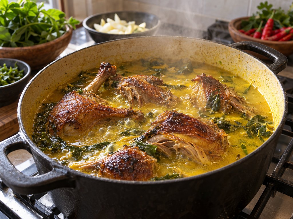 Cooking Brazilian Pato no Tucupi in the kitchen