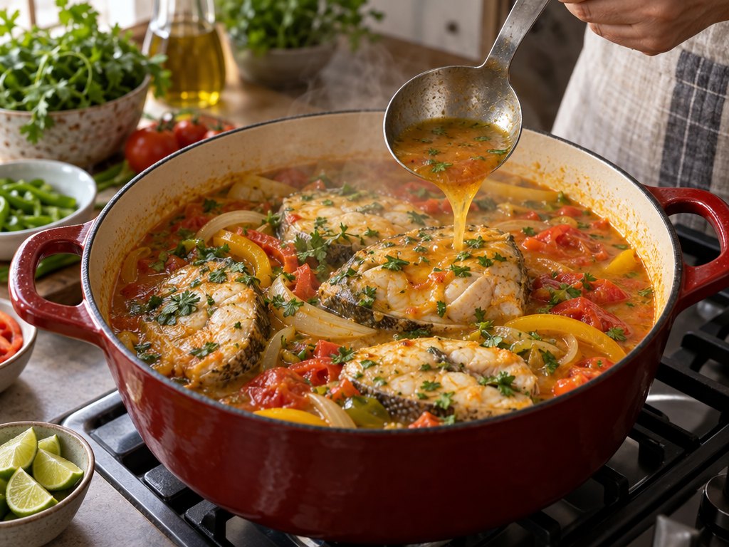 Cooking Brazilian Peixada Cearense in the kitchen