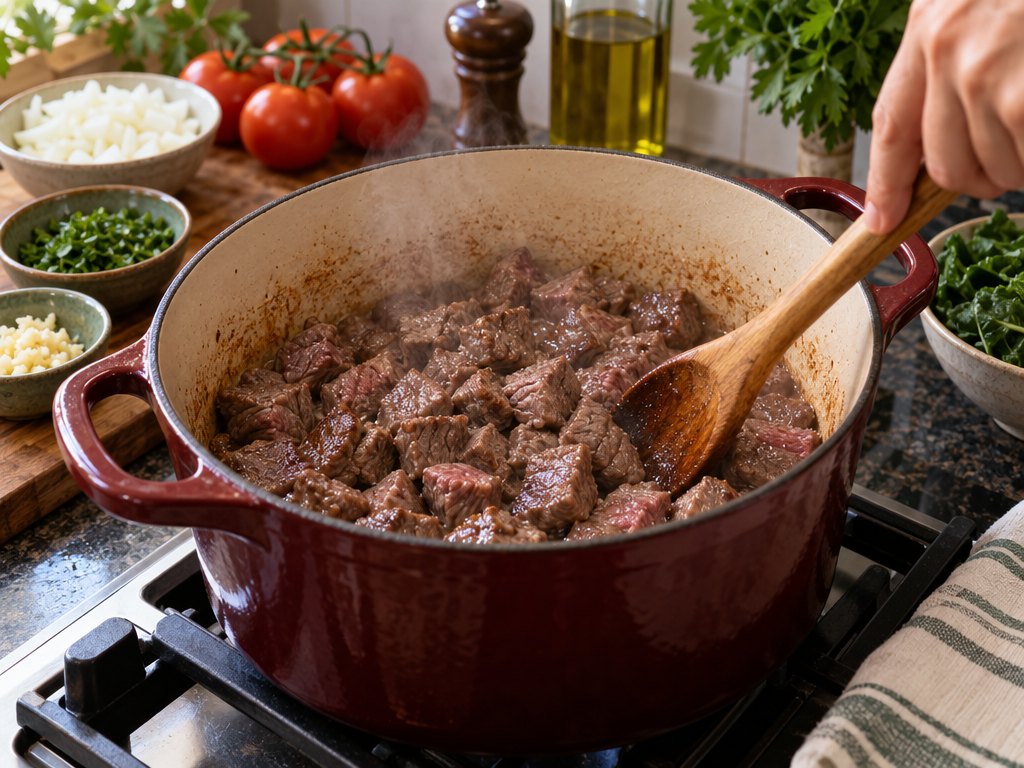 Cooking Brazilian Picadinho Carioca in the kitchen