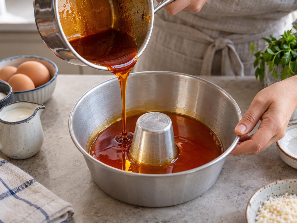 Cooking Brazilian Pudim de Leite in the kitchen