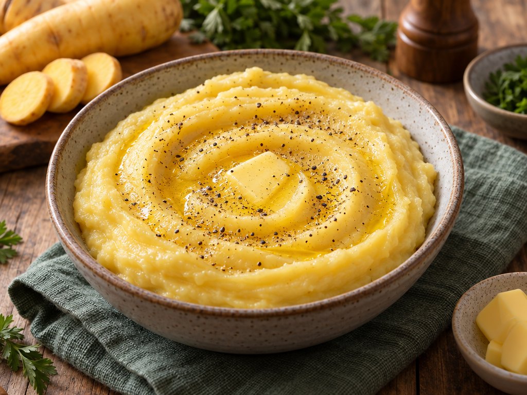 Brazilian Purê de Mandioquinha, plated and ready to serve