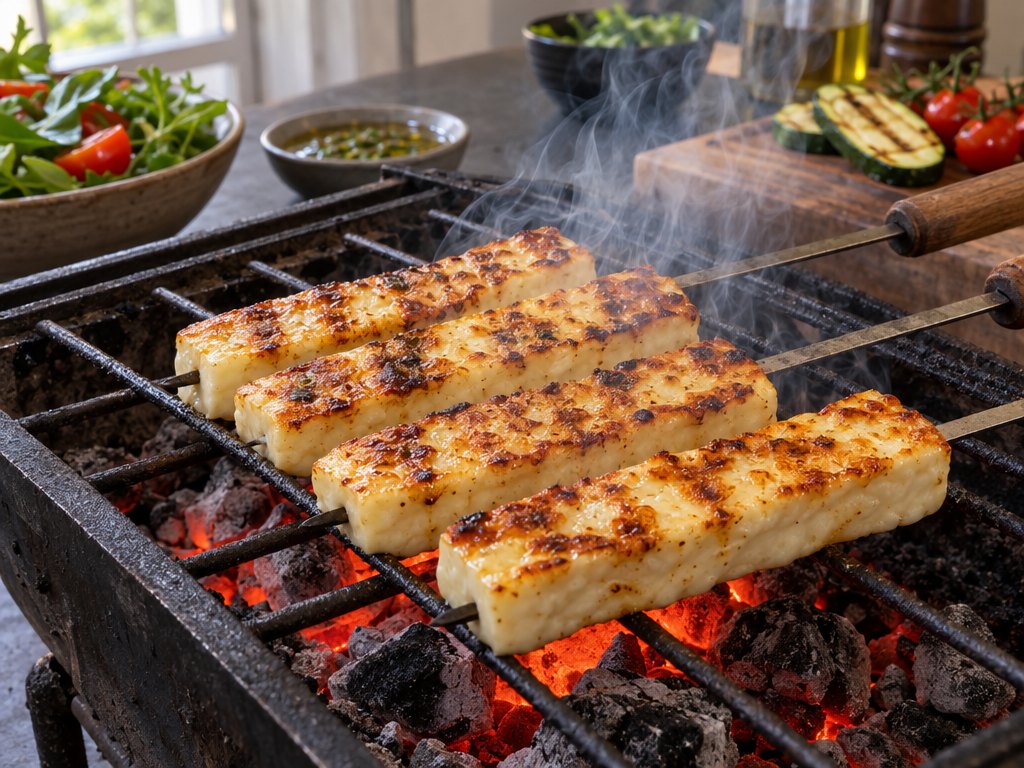 Cooking Brazilian Queijo Coalho na Brasa in the kitchen